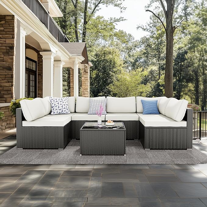 7 Pieces Patio Furniture Set - Outdoor Sectional Wicker Rattan Furniture
