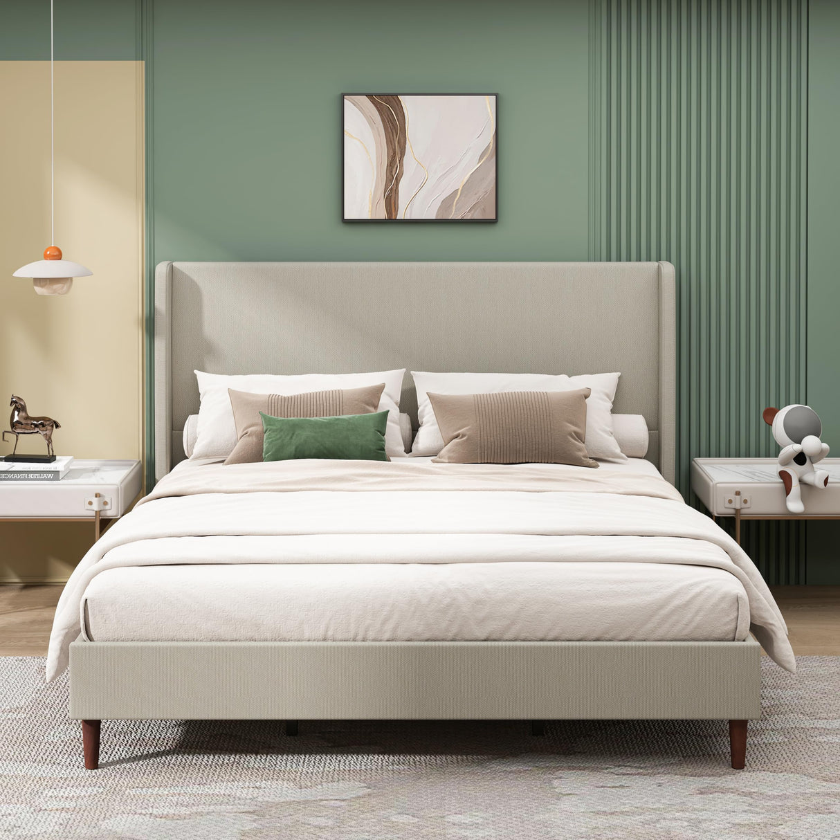 King Size Bed Frame,Linen Upholstered Platform Bed with Wingback Headboard