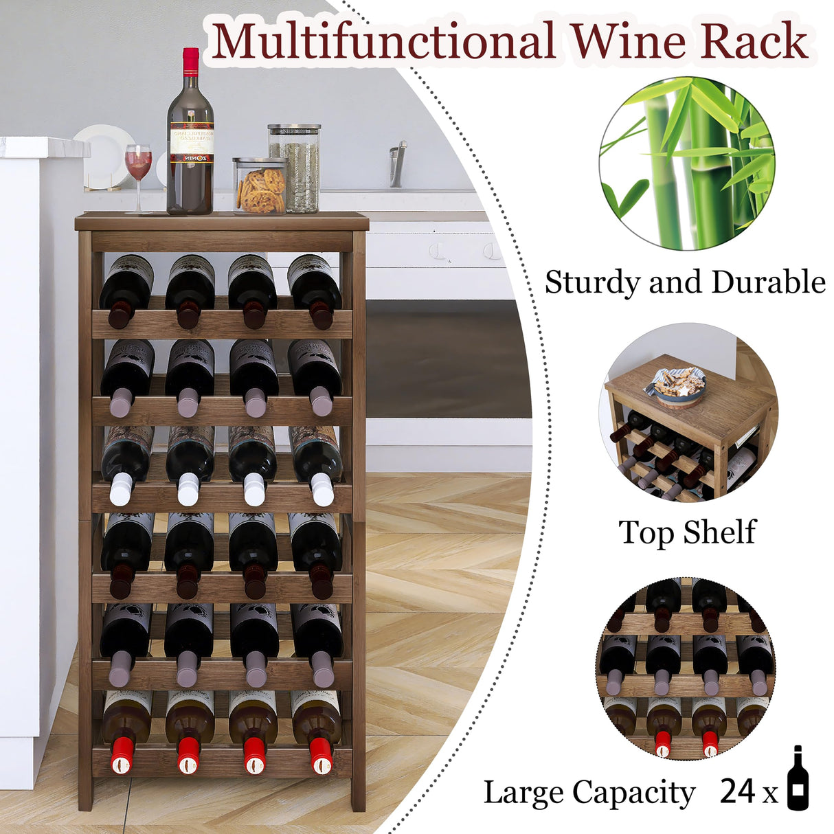 24-Bottle Wine Rack, 6 Tier Bamboo Wine Display Storage Shelves