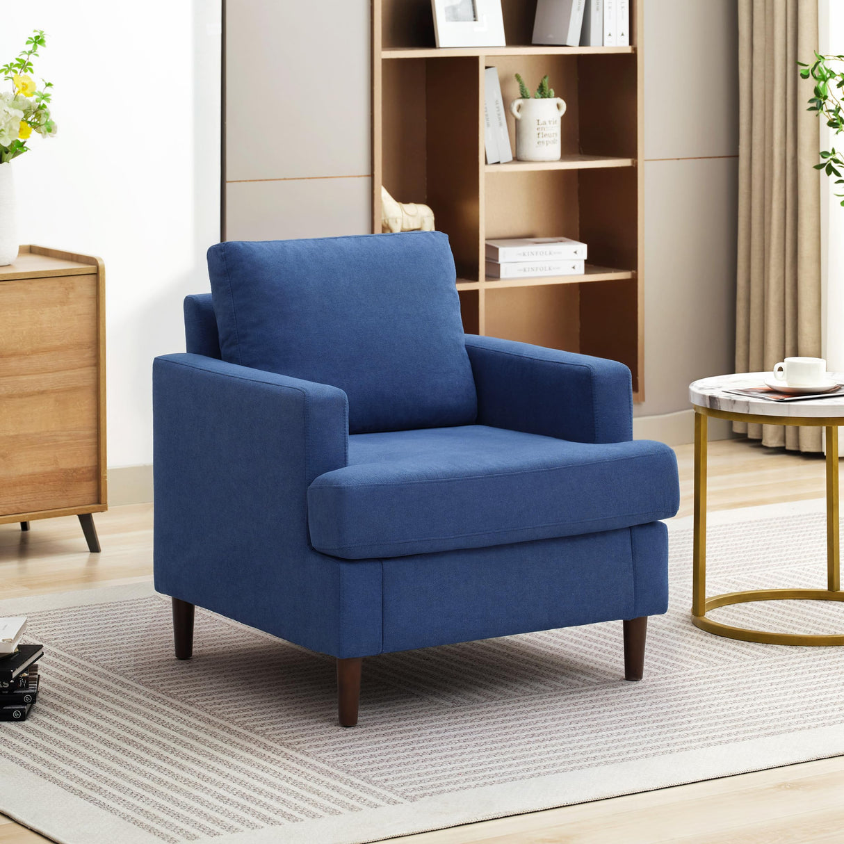 Mid-Century Accent Chair,Modern Linen Fabric Armchair for Living Room