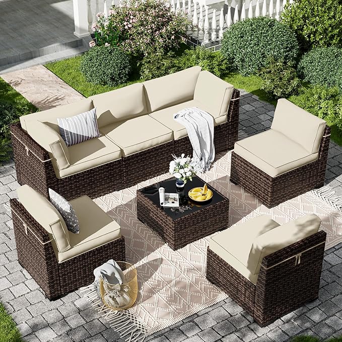7 Pieces Patio Furniture Set, Outdoor Furniture Sectional Sofa Set with Slanted Back