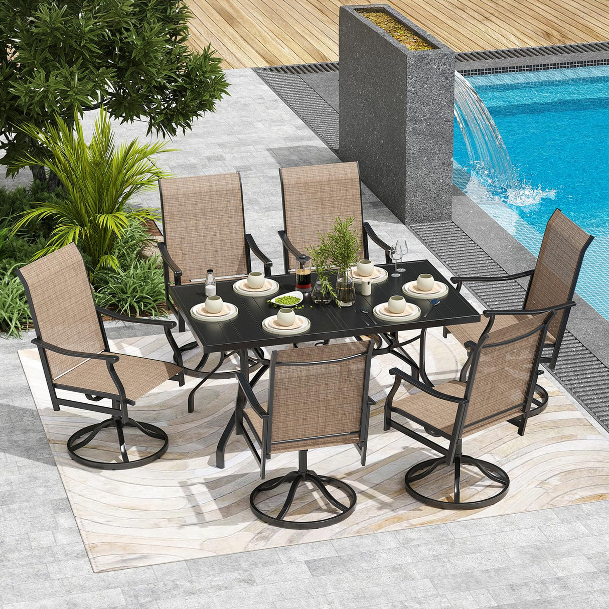 Outdoor Dining Set for 6, 7-Piece Patio Table and Chairs Set, 6 x Swivel Patio Dining Chairs