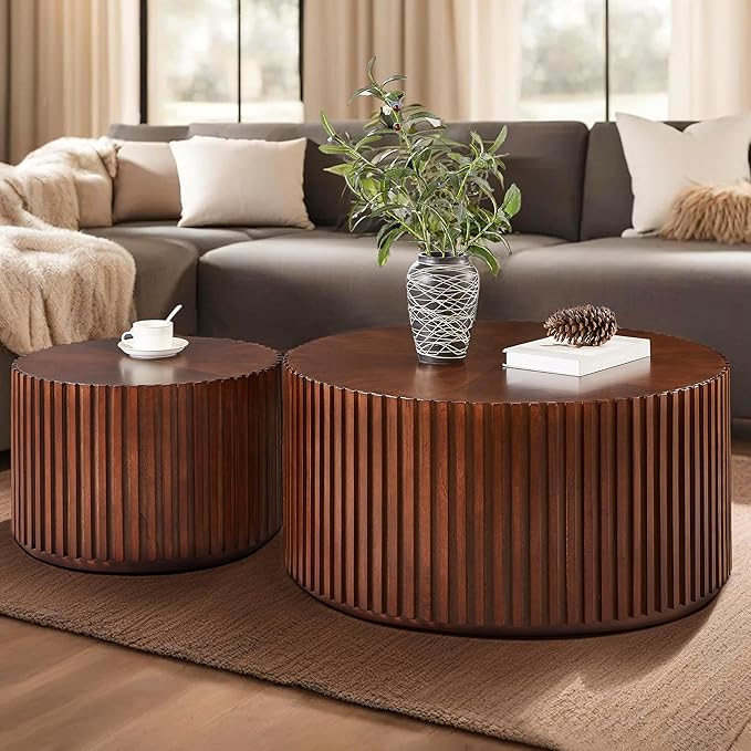 Round Wood Coffee Table Set of 2, Handcraft Drum Side Table End Table for Living Room