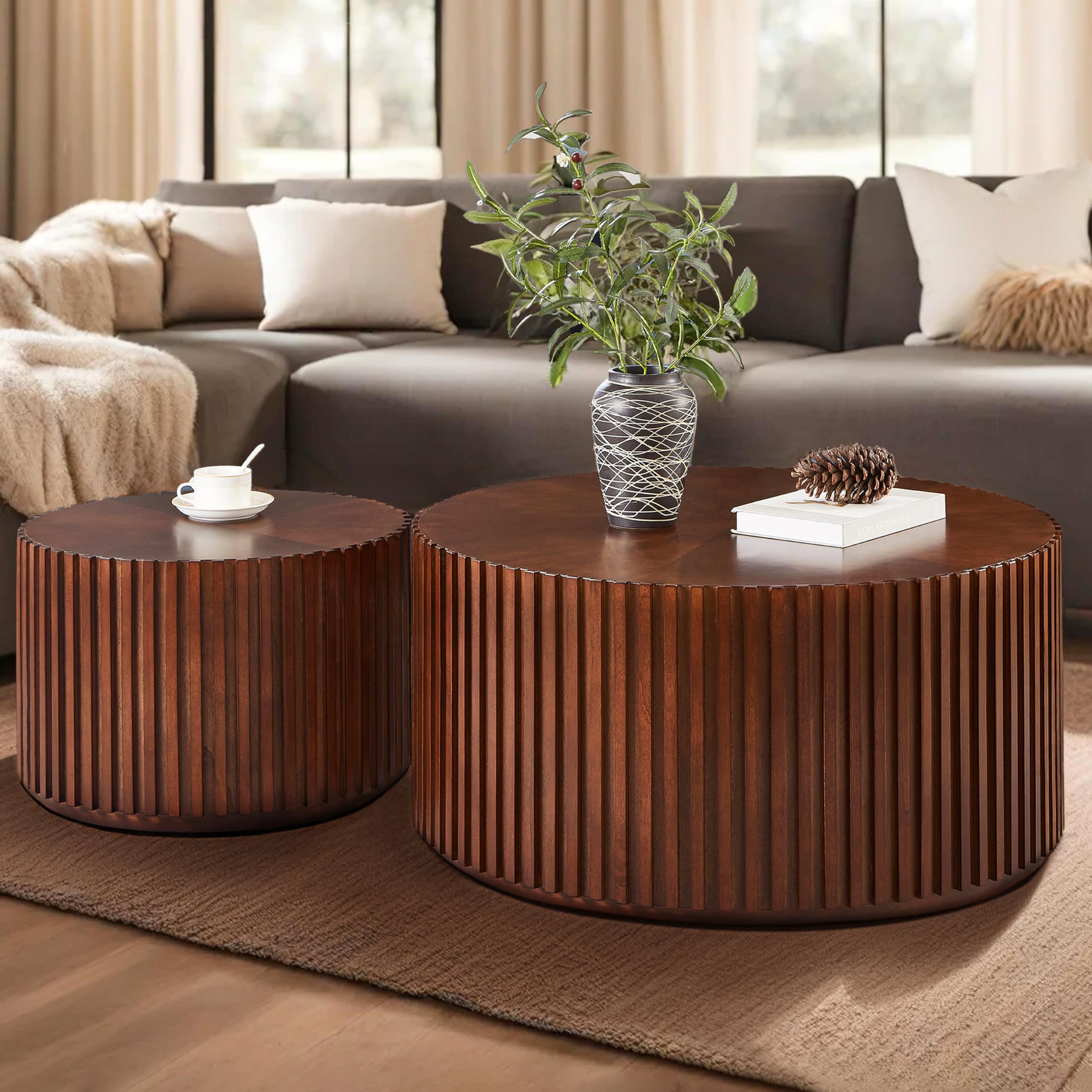 Round Wood Coffee Table Set of 2, Handcraft Drum Side Table End Table for Living Room
