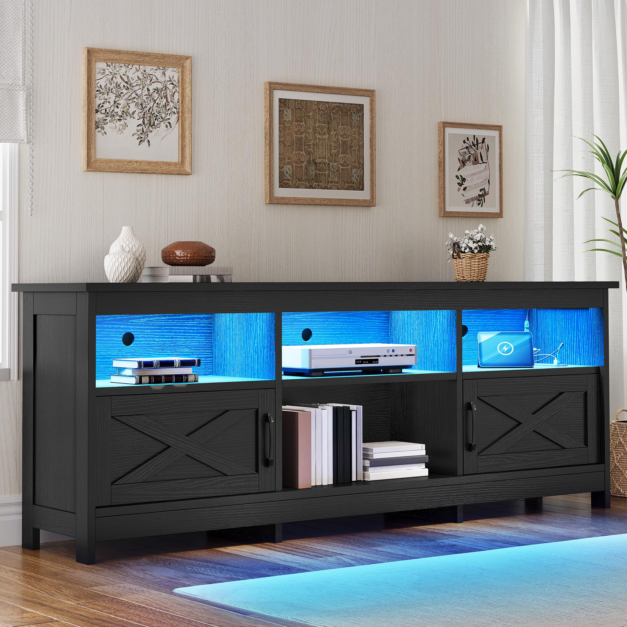 TV Stand for 80/75/70 Inch TVs with LED Lights, Farmhouse Entertainment Center