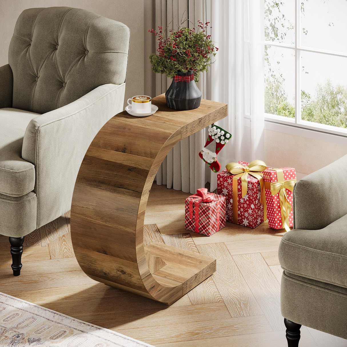 C-Shaped End Table, Wood Side Table for Couch Sofa Living Room Bedroom Small Space