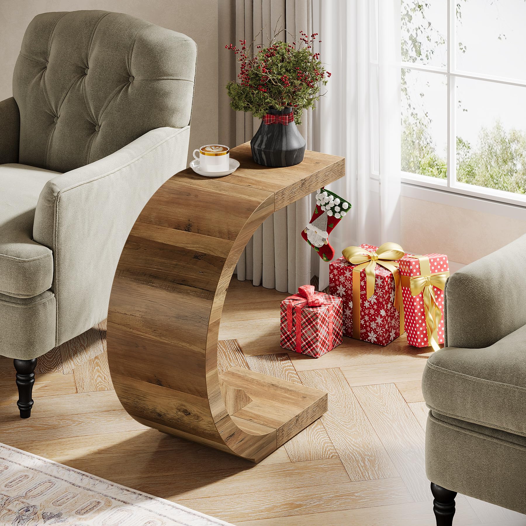 C-Shaped End Table, Wood Side Table for Couch Sofa Living Room Bedroom Small Space