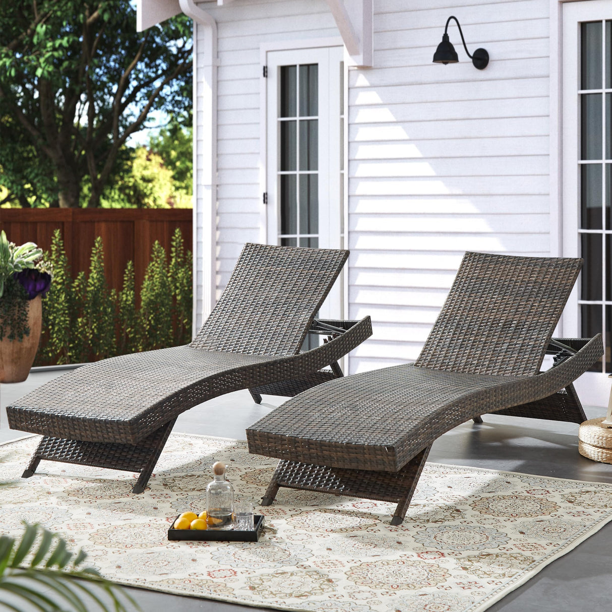 Set of 2), Outdoor PE Rattan Adjustable Recliner with 5-Level Backrest, Weatherproof