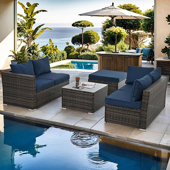 7 Piece Patio Furniture Set, All Weather Outdoor Rattan Wicker