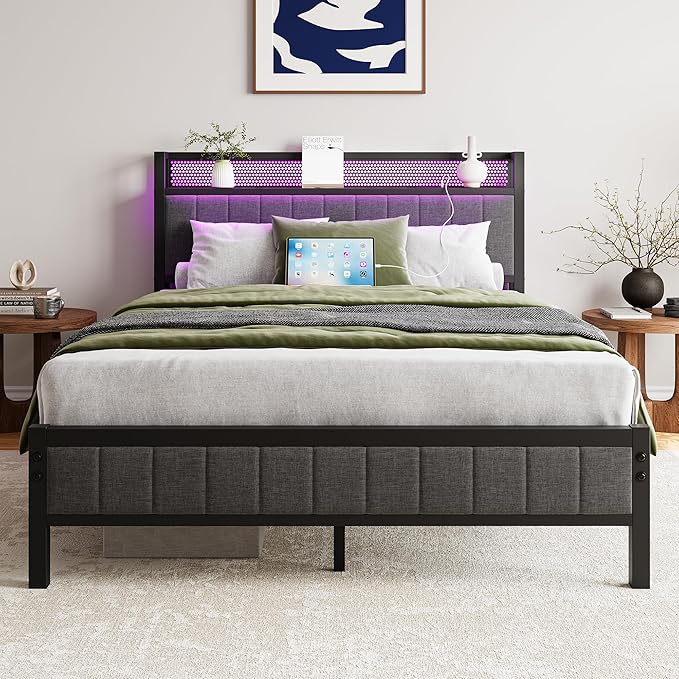 Queen Bed Frame with Storage Headboard,USB Charging Station