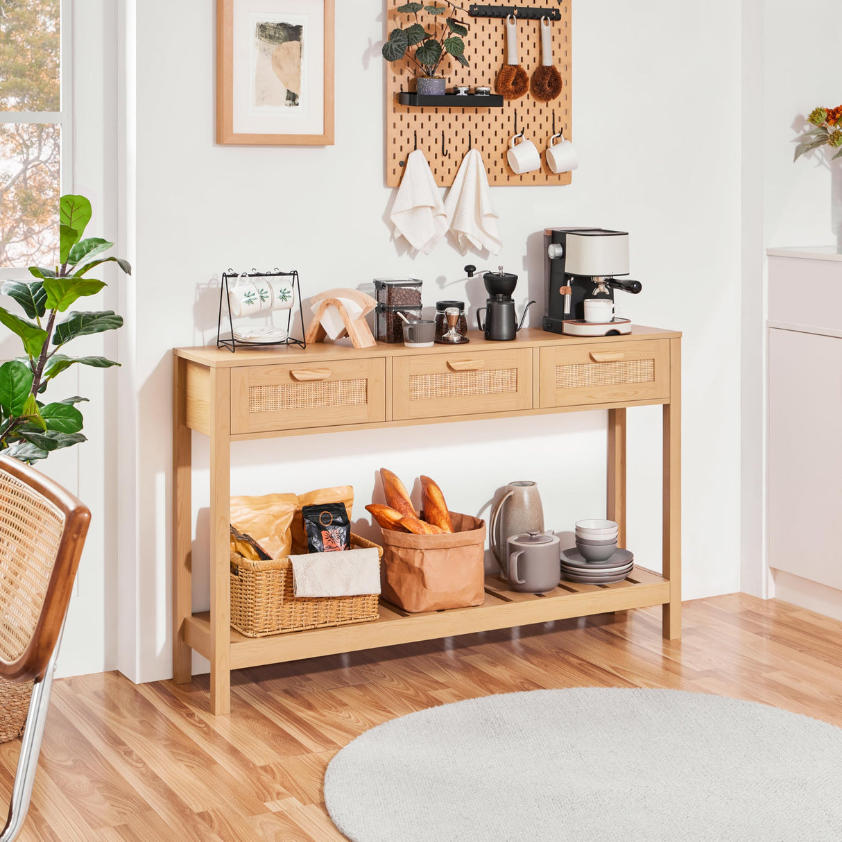 Rattan Console Table, Boho Entryway Table with Storage Drawers and Shelf