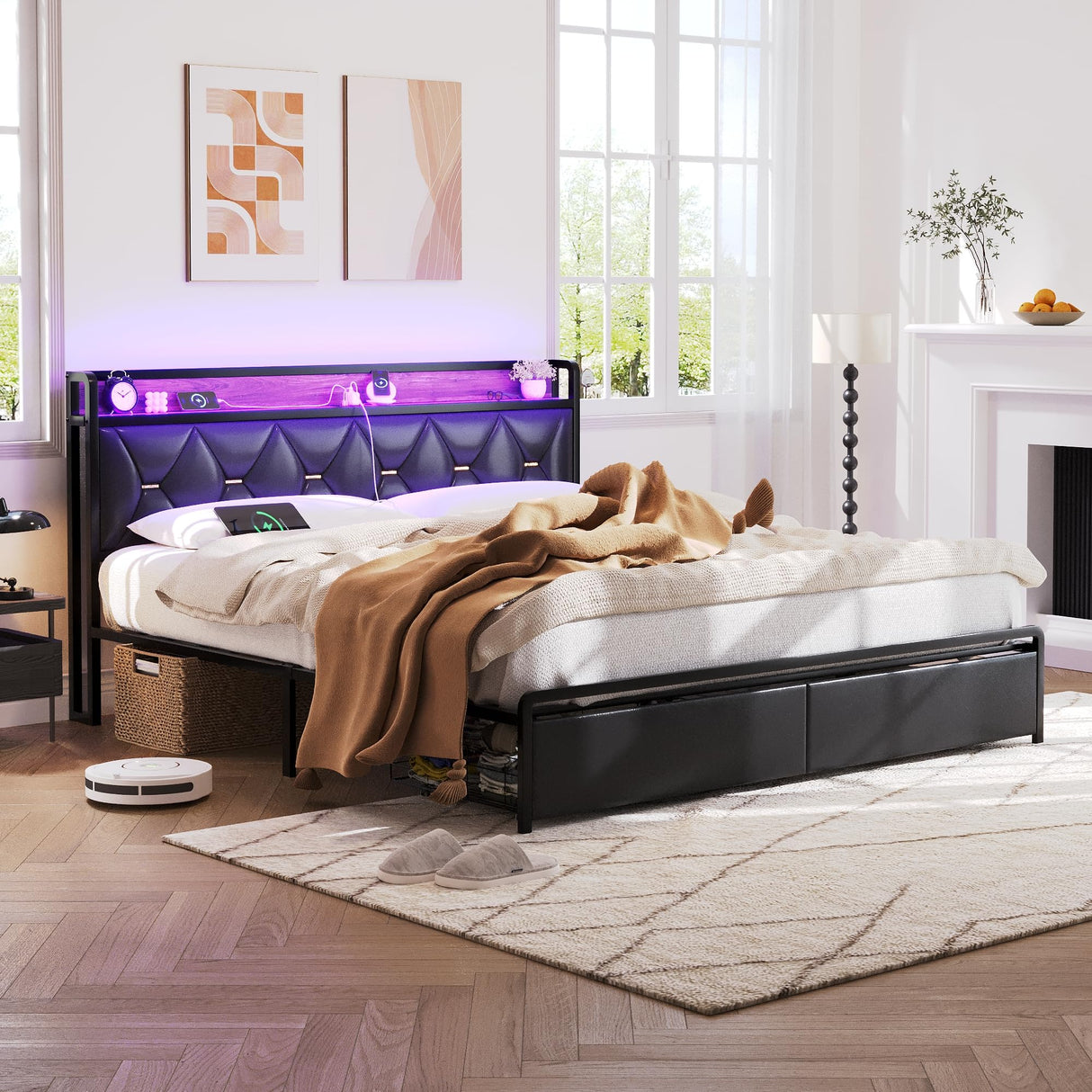 King Size Bed Frame with Headboard and Storage Drawers