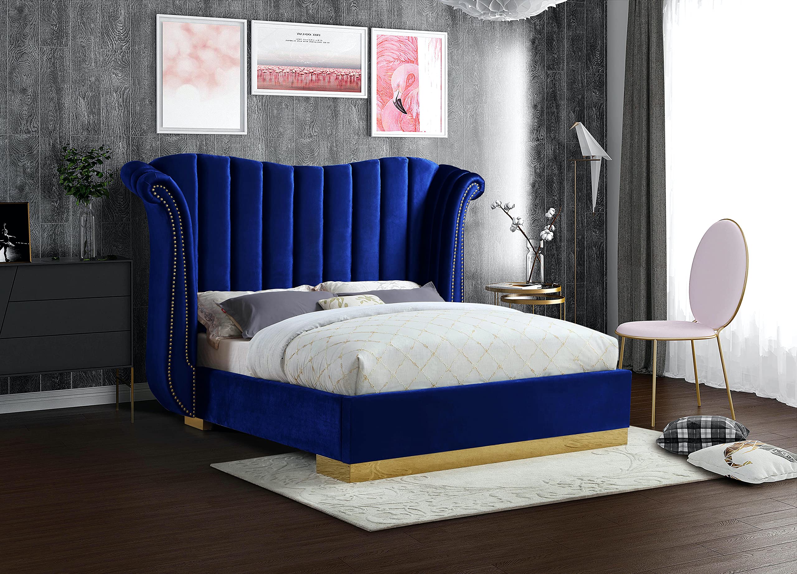 Flora Collection Modern | Contemporary Velvet Upholstered Bed Nailheads, Deep Channel Tufting and Gold Metal Base, King, Blue