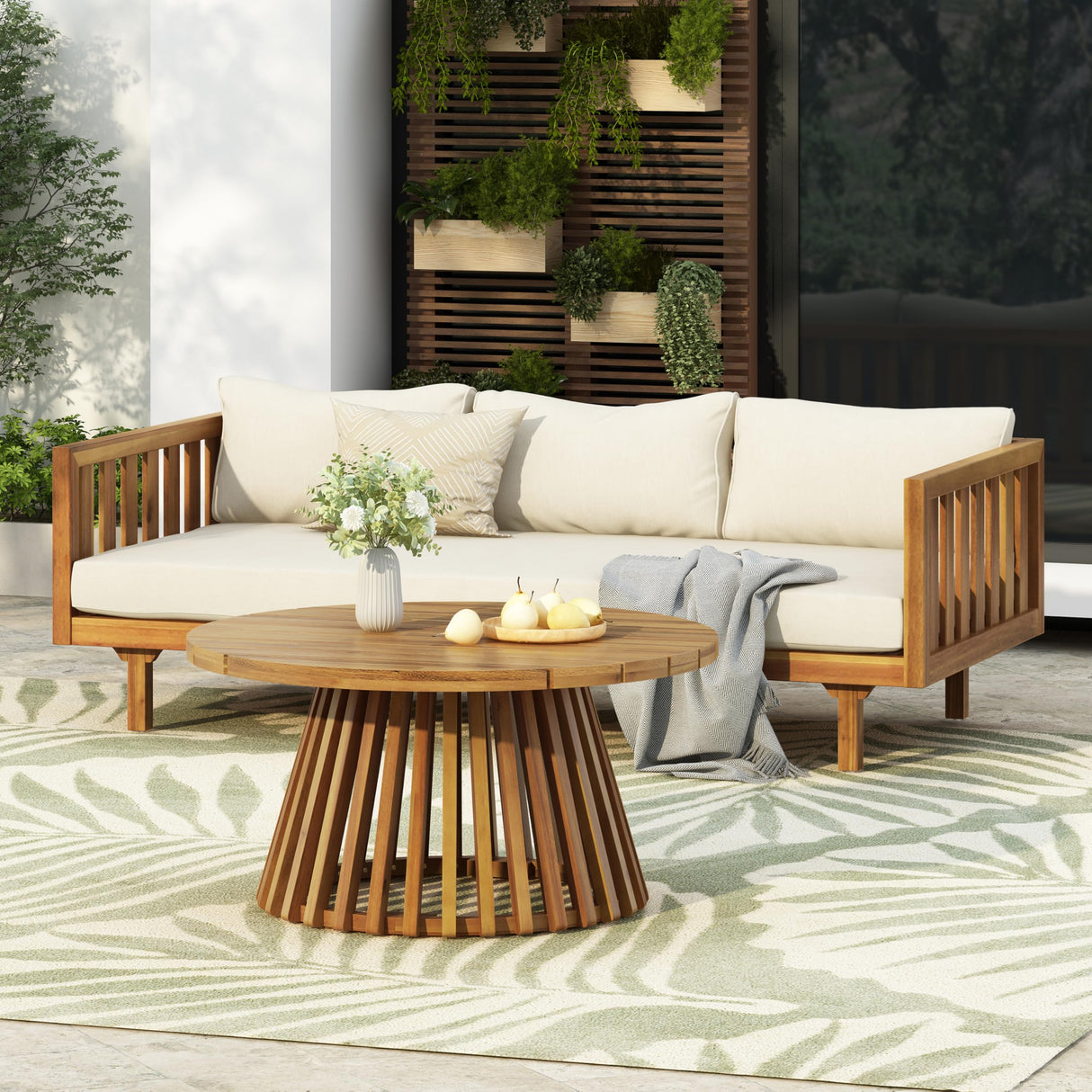 Outdoor Acacia Wood Conversation Set, 3-Seat Loveseat Sofa w/Coushion and Coffetable