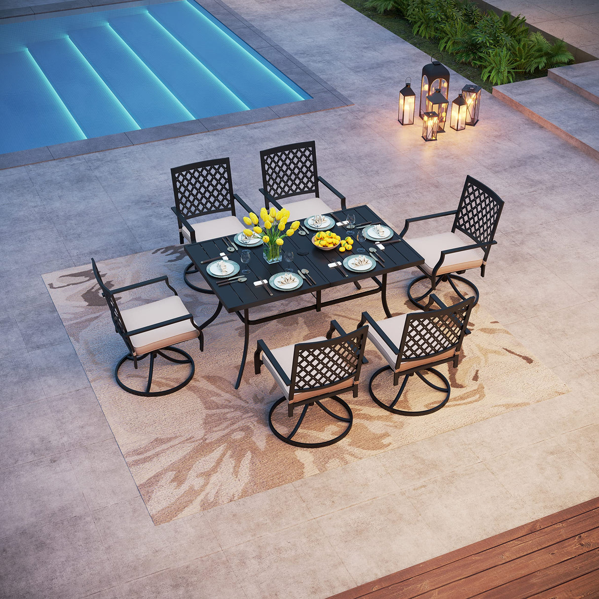 Outdoor Patio Dining Set 7 Pieces Metal Furniture Set, 6 x Swivel Chairs