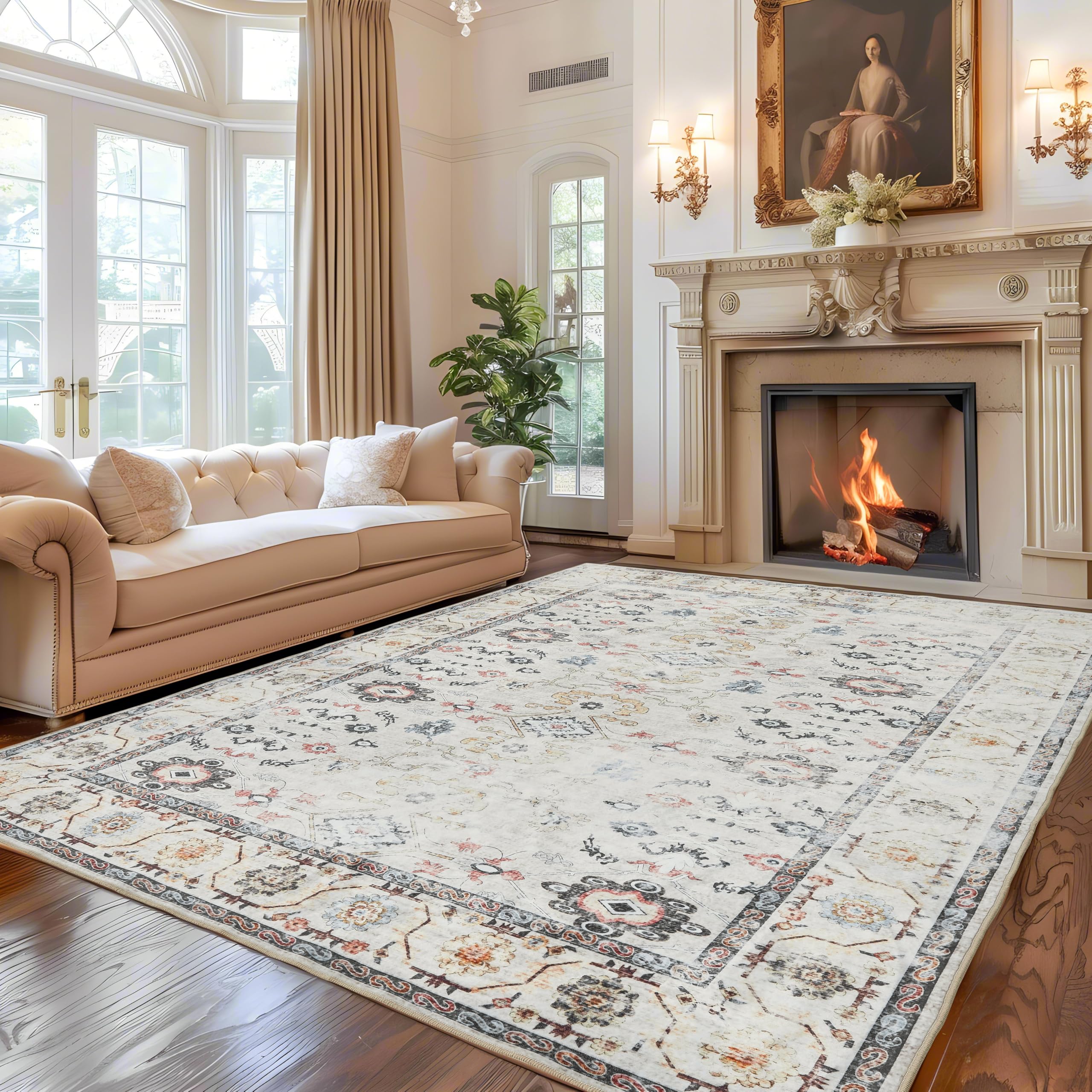 Andency 5x7 Area Rug for Living Room, White Washable Vintage Boho Bedroom Rug, Non-Slip Stain Resistant Door Mat, Retro Printed Indoor Home Decor Rug for Dining Room Kitchen