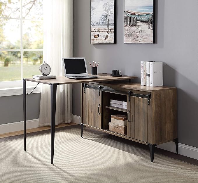 Farmhouse L-Shaped Computer Desk with Sliding Barn Door Storage Cabinet and Cord Management, Home Office Workstation Writing Table with Metal Legs, 48" L x 48" W x 31" H (Gray Oak and Black)