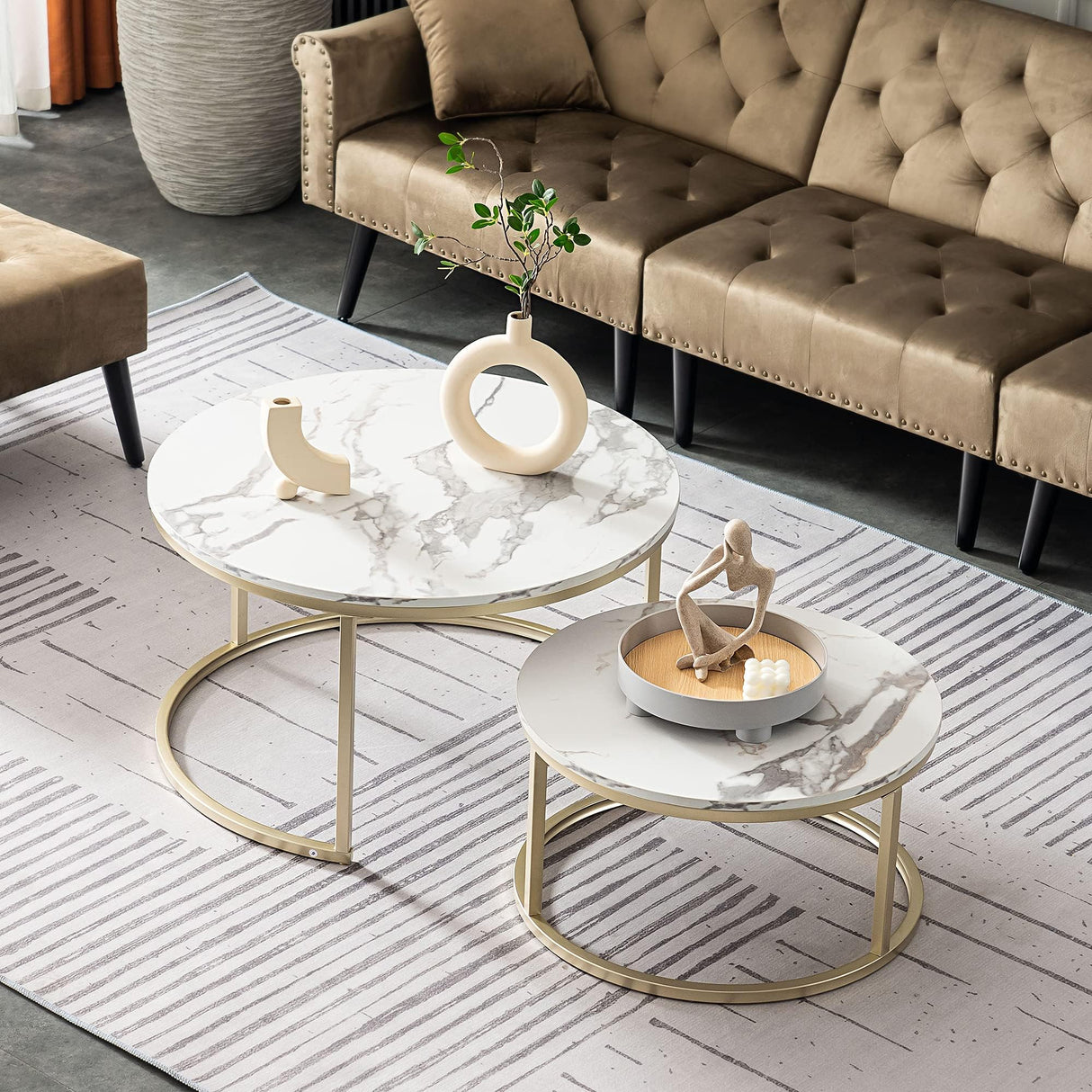 ivinta Modern Round Nesting Coffee Table Set, with 31.5 in White Faux Marble Top and Gold Metal Legs, Accent Wooden Stacking Side Tea Table for Living Room Eagle (White)