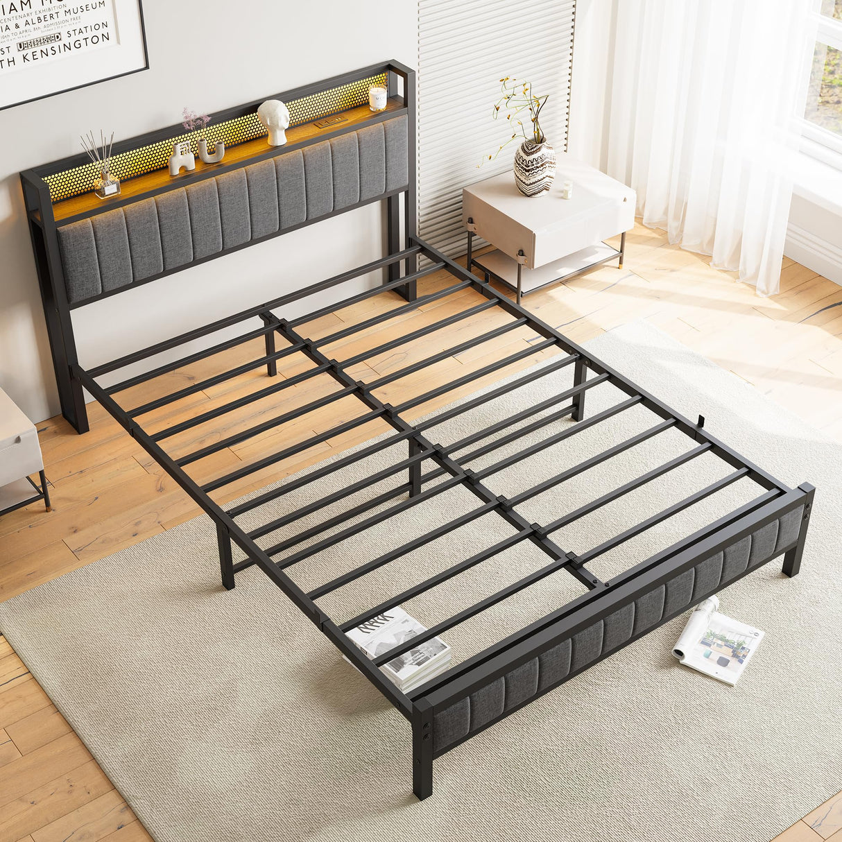 Queen Bed Frame with Storage Headboard,USB Charging Station
