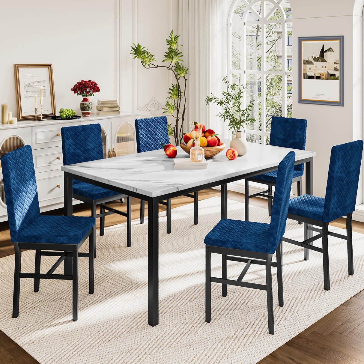 7-Piece Faux Marble Dining Table Set with Velvet Chairs