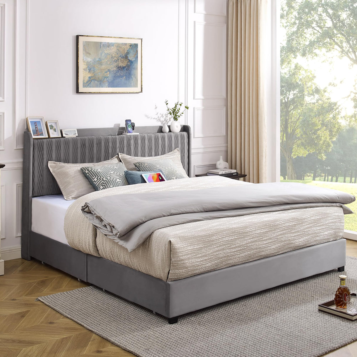 Queen Size Bed Frame, Velvet Upholstered Platform Bed