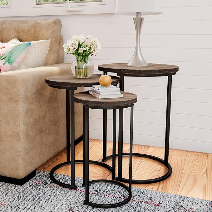 Nesting Tables - Set of 3 Round Side Tables for Living Room, Bedroom, or Home Office