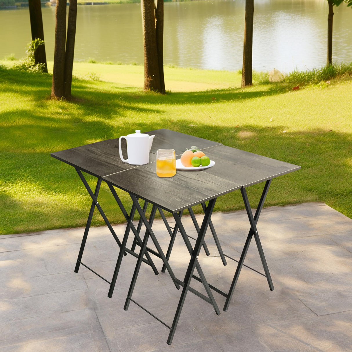 Portable Folding TV Tray Tables Set of 4 with Stand - Rustic Grey Wood Snack Table for Small Spaces