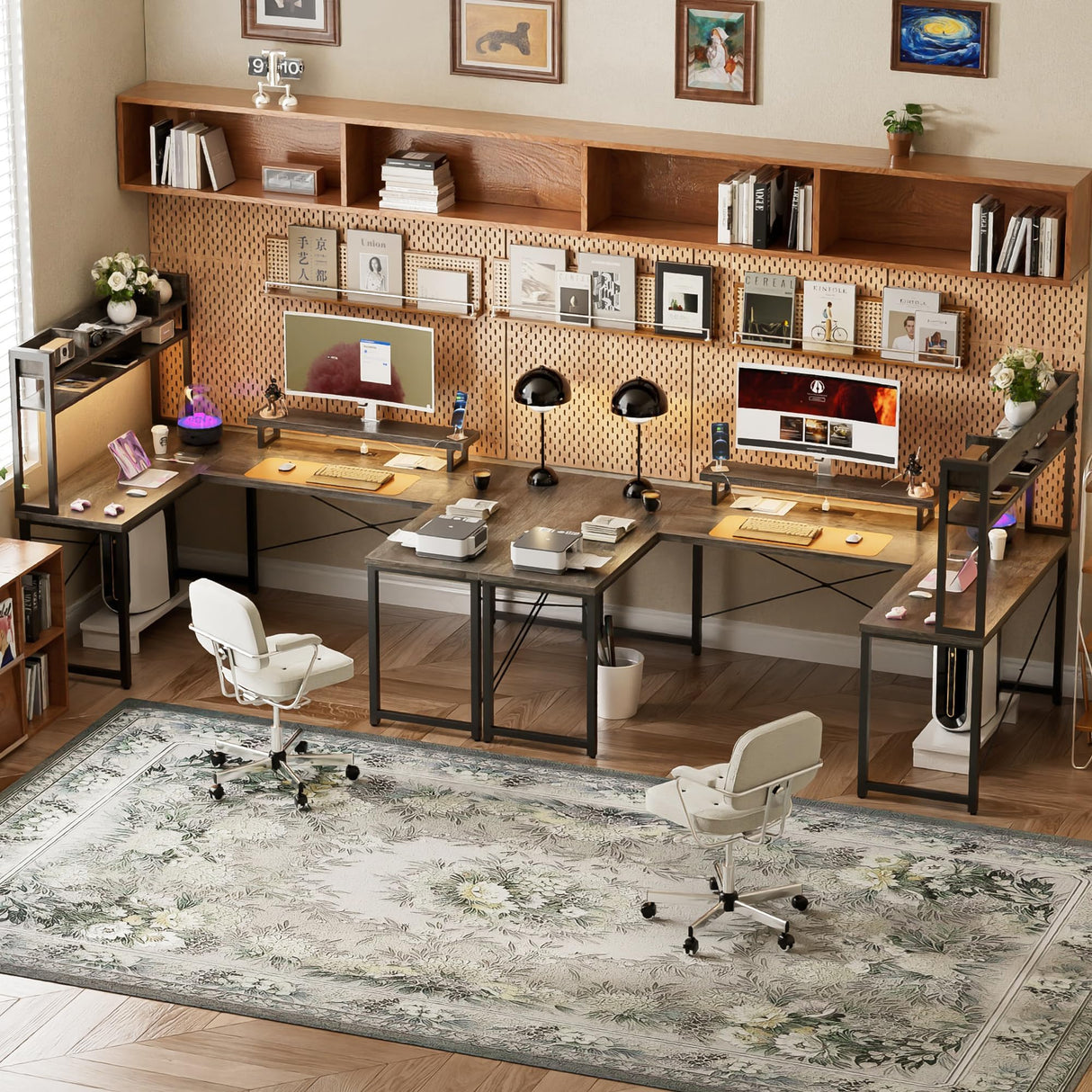 DIY U Shaped Computer Desk with Hutch, Reversible L Shaped Office Desks