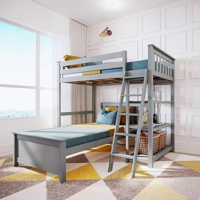 L Shape Twin over Full Bunk Bed with Bookcase