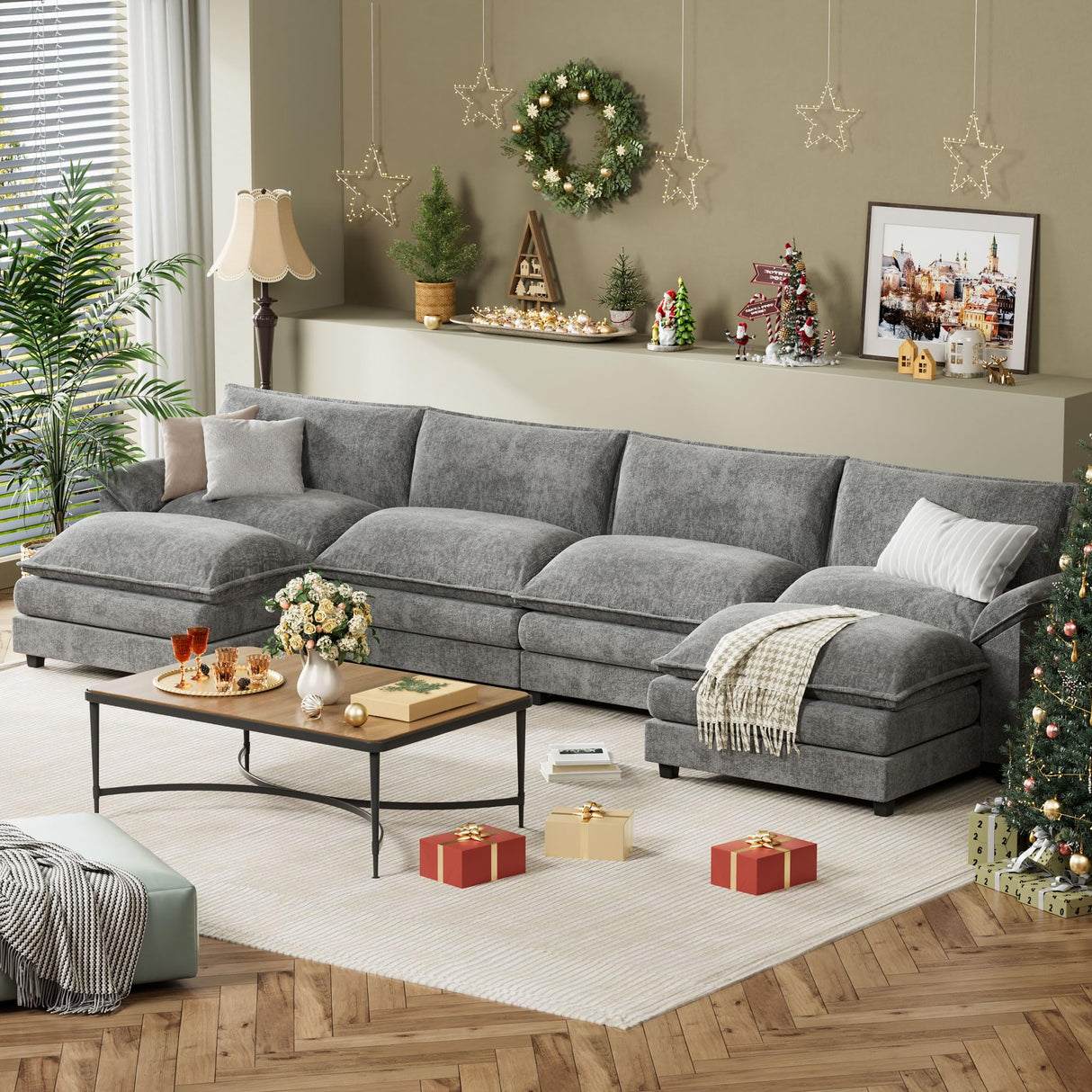 Sectional Modular Sofa U Shaped Chenille Fabric Couch