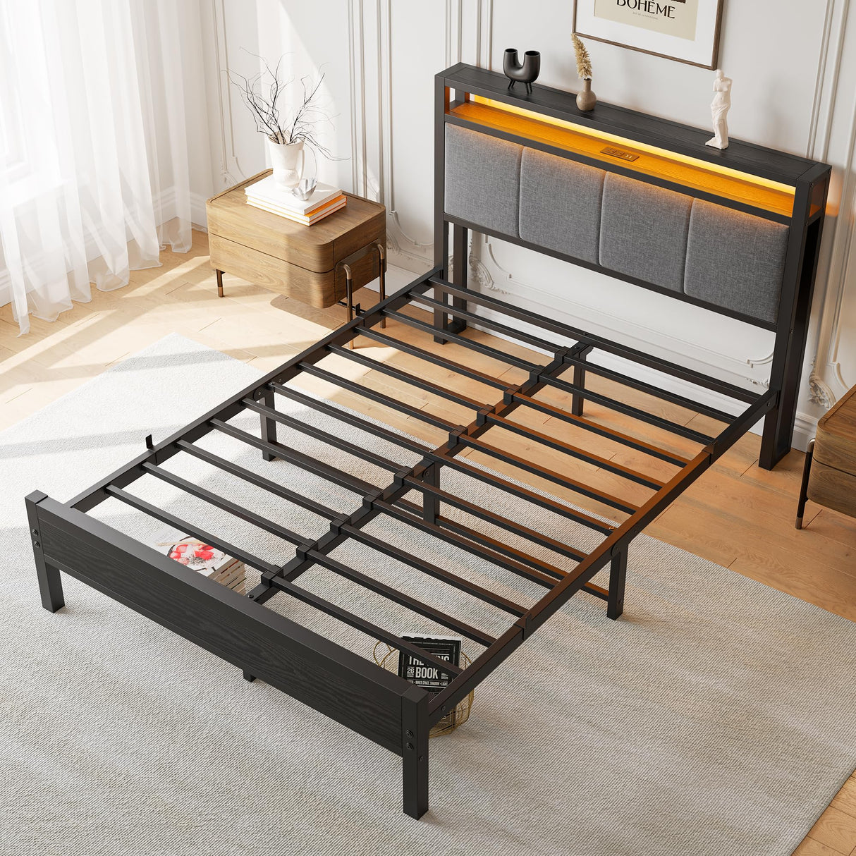 Full Size Bed Frame with LED Lights and Charging Station, Heavy Duty Metal Bed