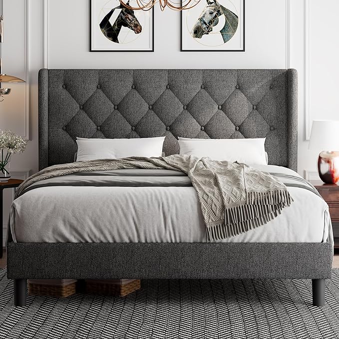 Queen Size Upholstered Platform Bed Frame, Wingback Bed Frame