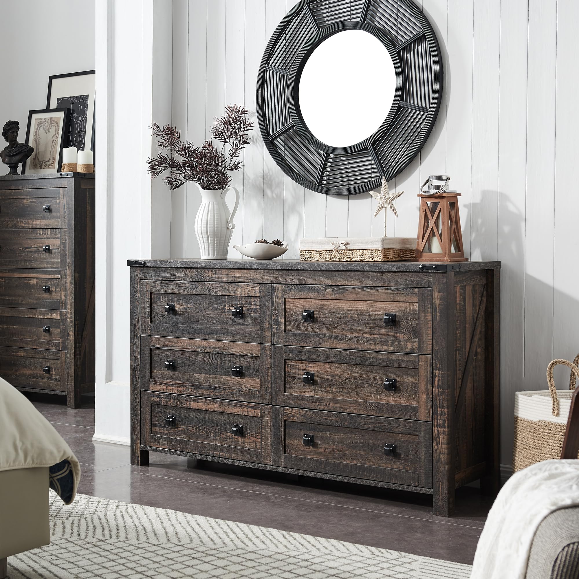 6 Drawer Dresser for Bedroom, 54 Inch Wide Rustic Wood Dresser