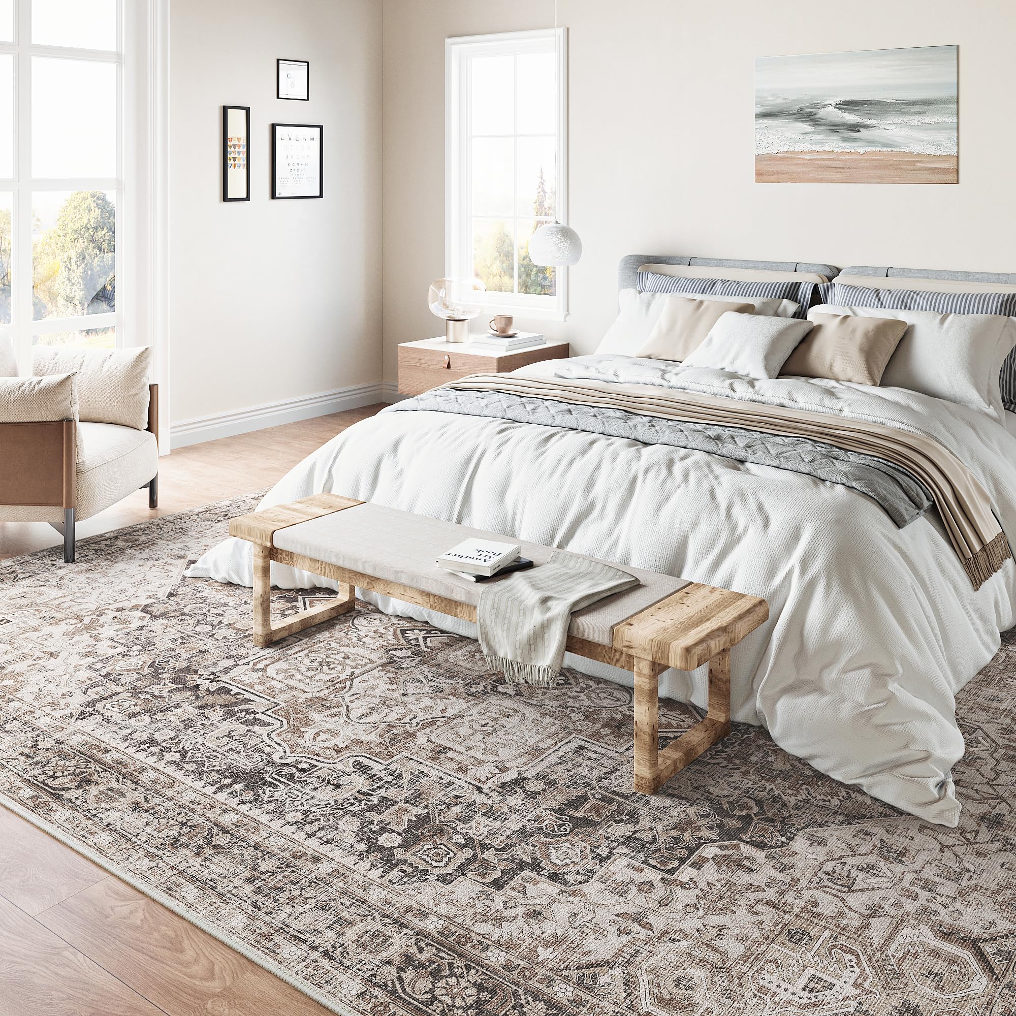 Vintage Area Rug 4x6 Washable Rug Non Slip Kitchen Brown Multi Indoor Living Room