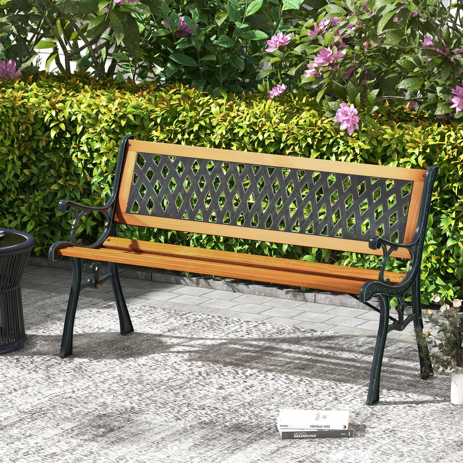 Outdoor Garden Bench Park Bench, Patio Bench Chair with Cast Iron & Hardwood Structure