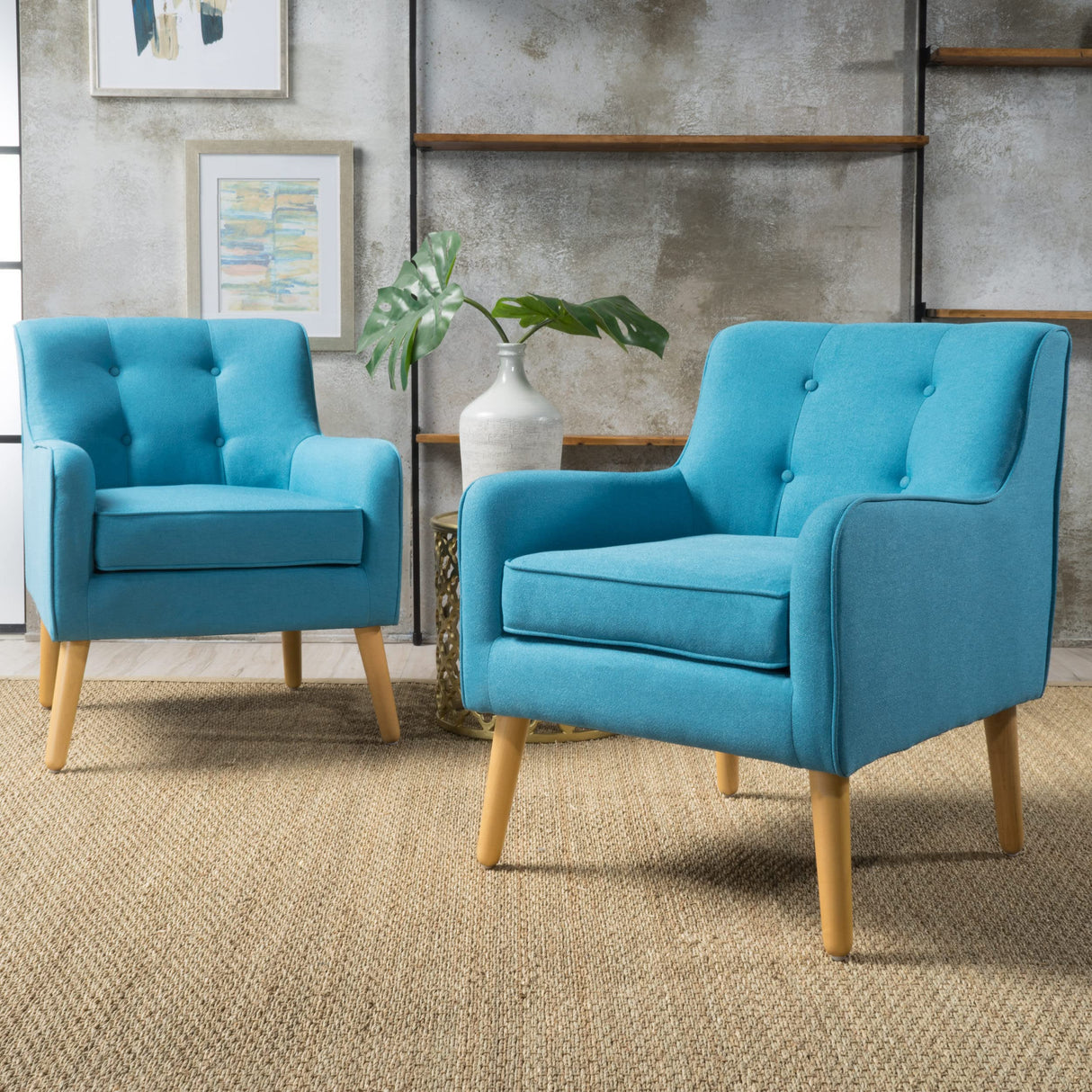 Felicity Mid-Century Fabric Arm Chairs, 2-Pcs Set, Teal