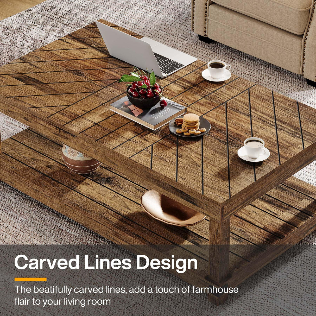 Tribesigns Farmhouse Coffee Table, 47-Inch Wood Center Table with Storage Shelf, 2-Tier Rectangle Cocktail Tea Table with Sturdy Frame for Living Room, Rustic Brown