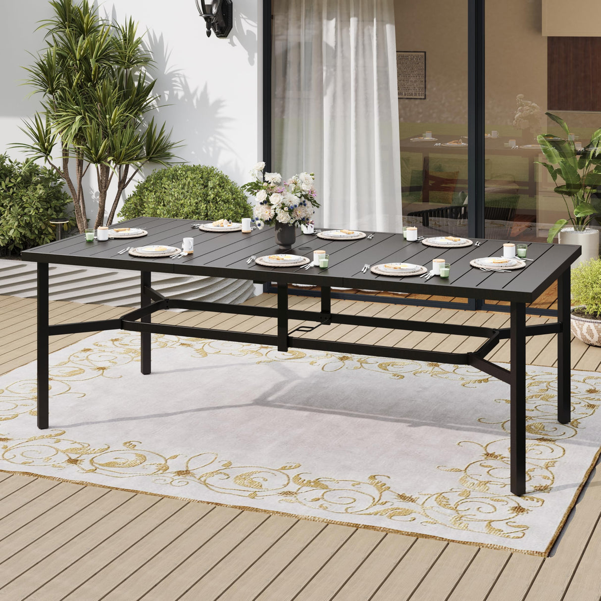83" Patio Dining Table for 8,Large Rectangle Patio Table with Umbrella Holed