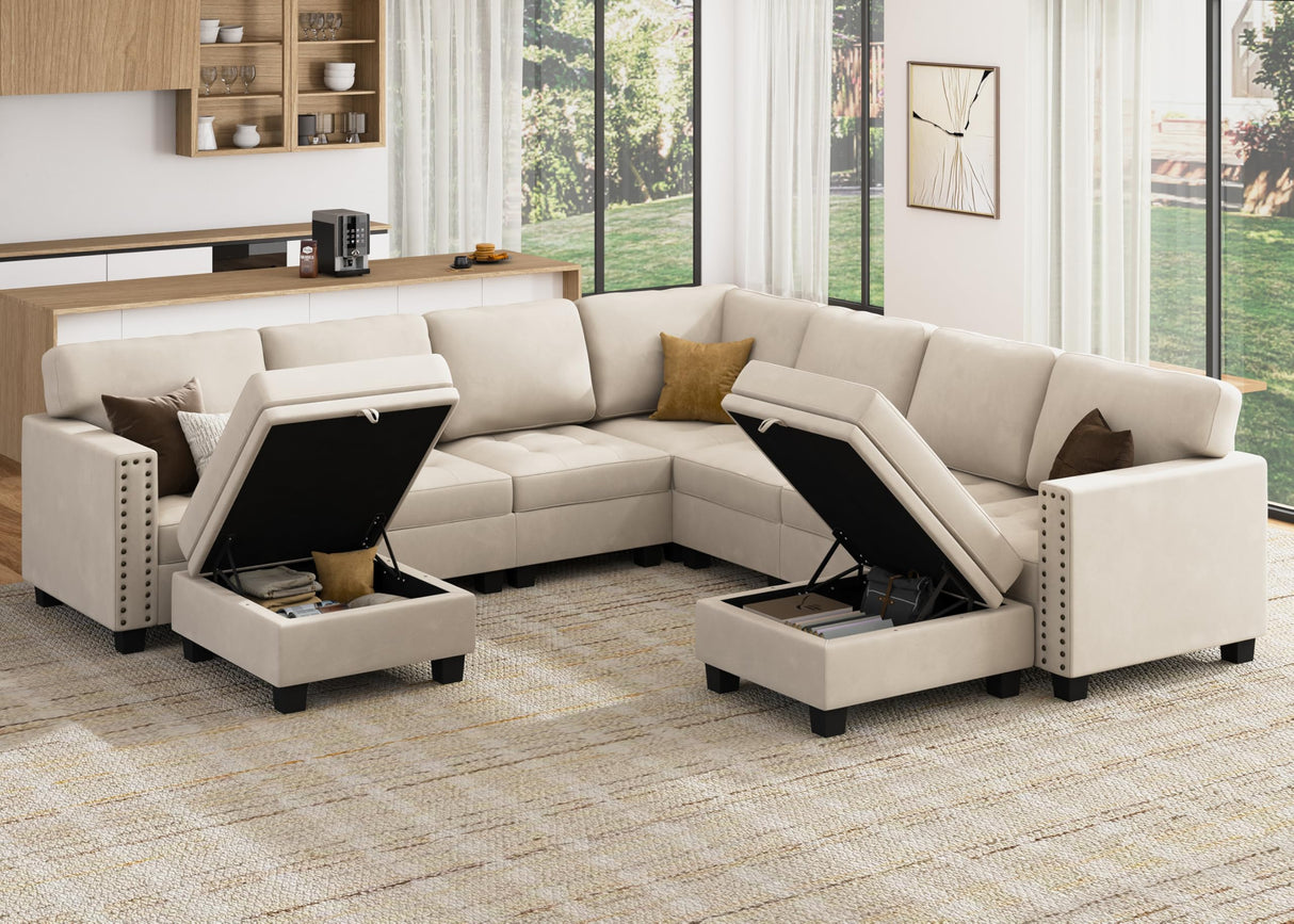 HONBAY Velvet Convertible Sectional Couch, U Shaped Sectional Sofa with Chaise Modular Sectional with Storage Ottoman Corner Couch for Living Room, Beige