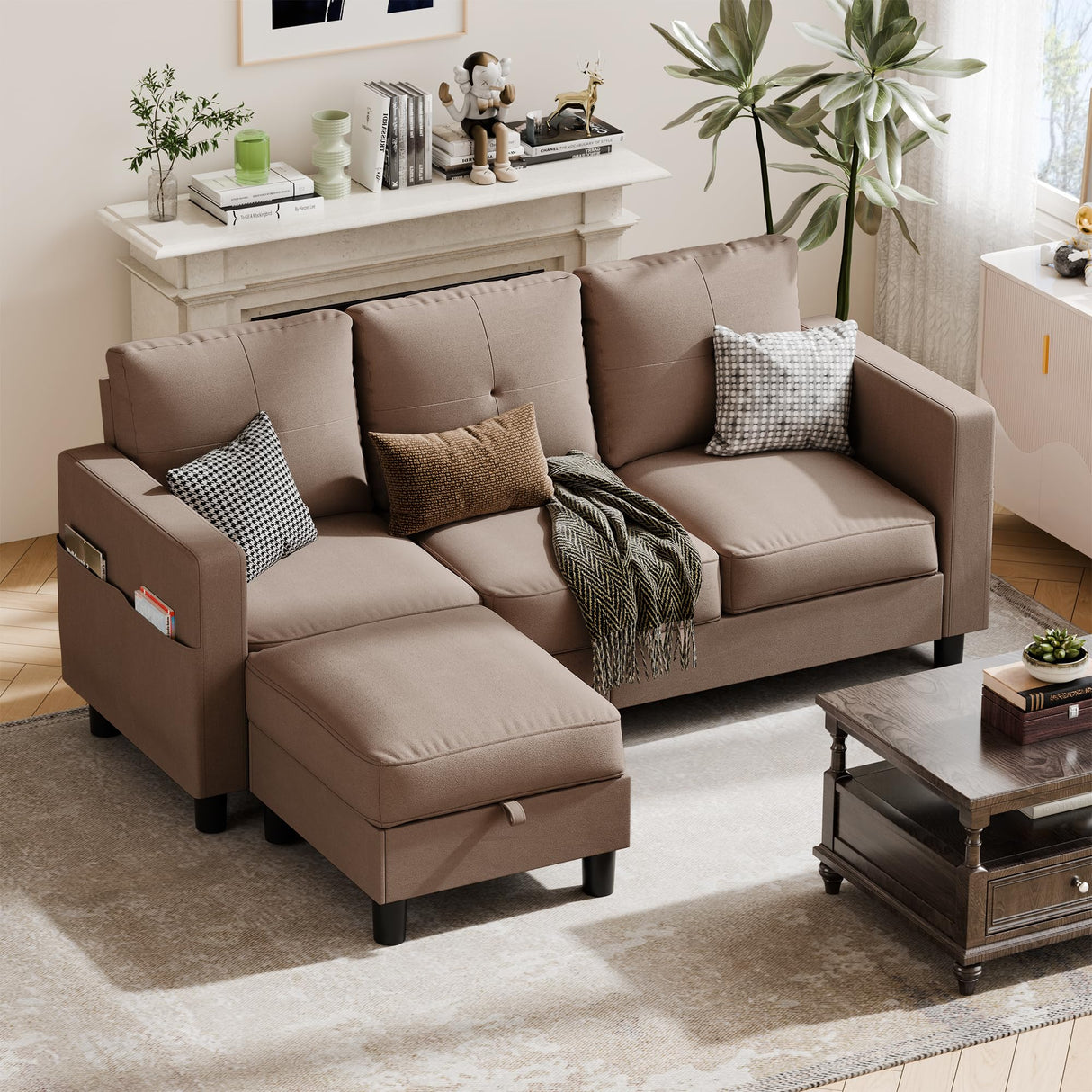 JY QAQA Convertible Sectional Sofa Couch with 3-Seat Sofa, L-Shaped Ottoman Couch with Modern Linen Fabric for Small Living Room, Apartment and Small Space(Brown