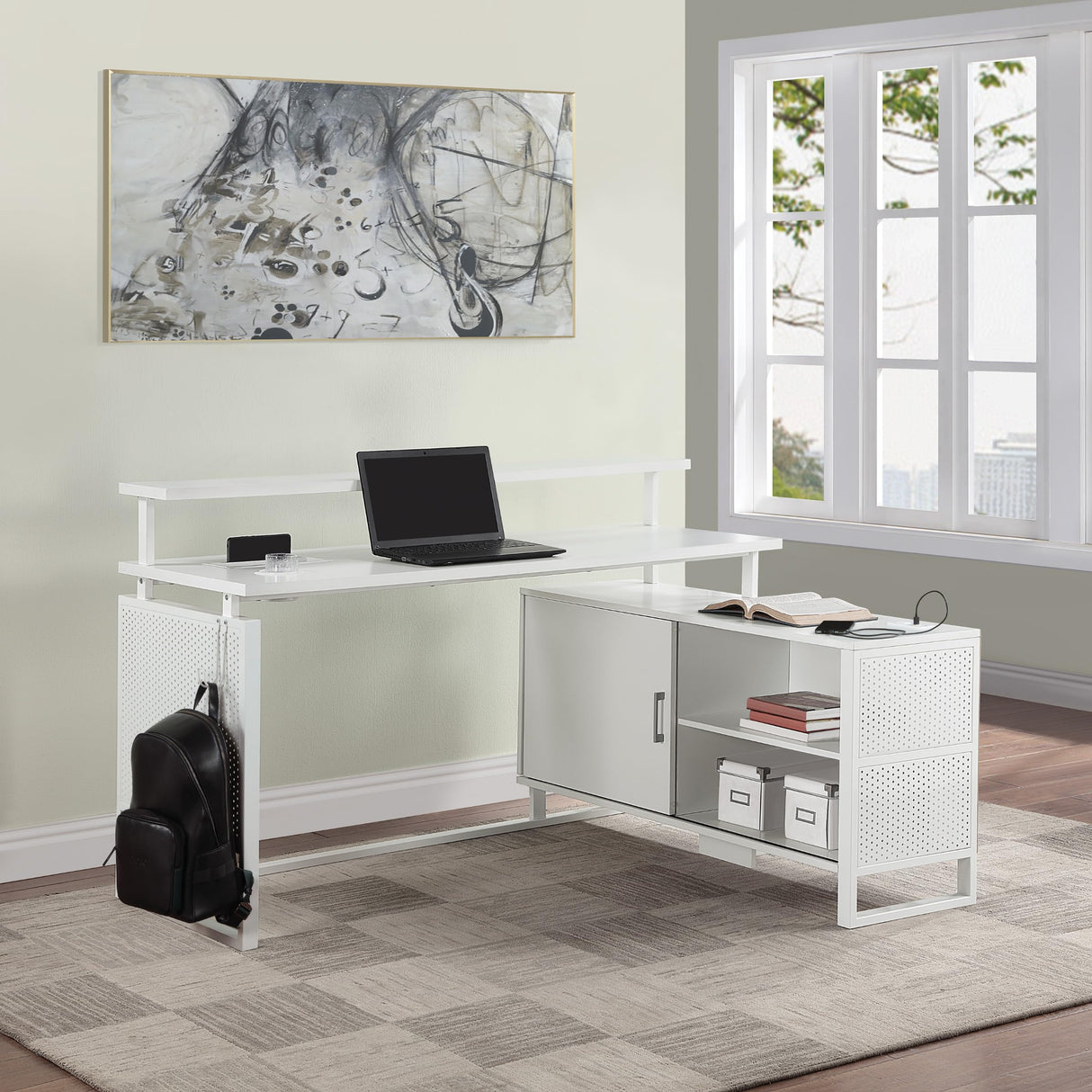 Ace Contemporary Modern Home Office Desk with Shelf, L-Shape with White Finish