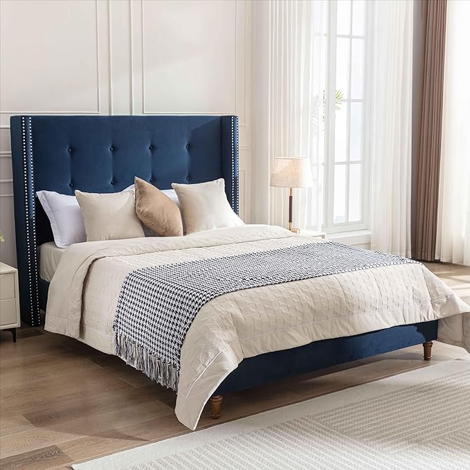 Upholstered Bed Frame, 54" High Headboard with Nailhead Trim Wingback