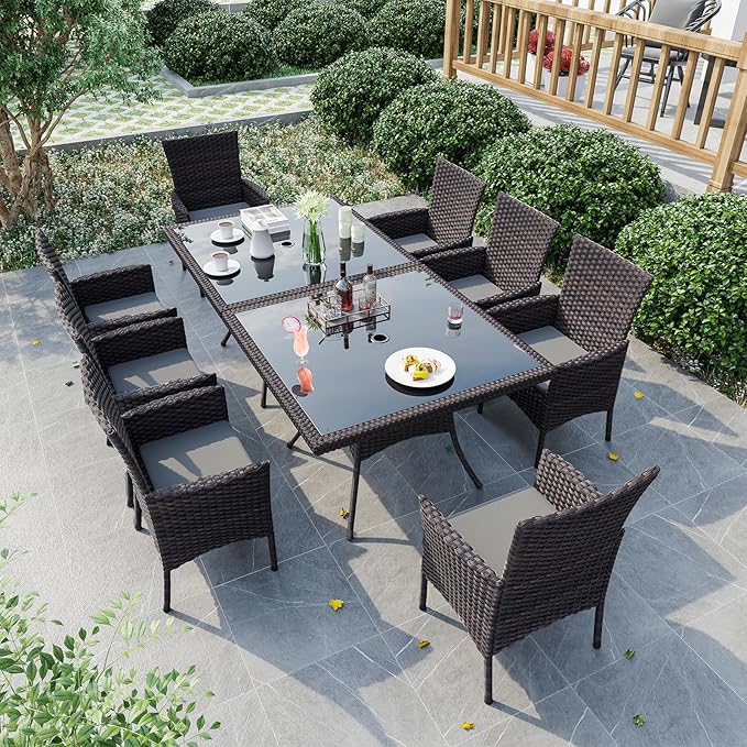 10-Piece Indoor/Outdoor Dining Table Set, Garden Patio Rattan Set with w/Tempered Glass Tabletop