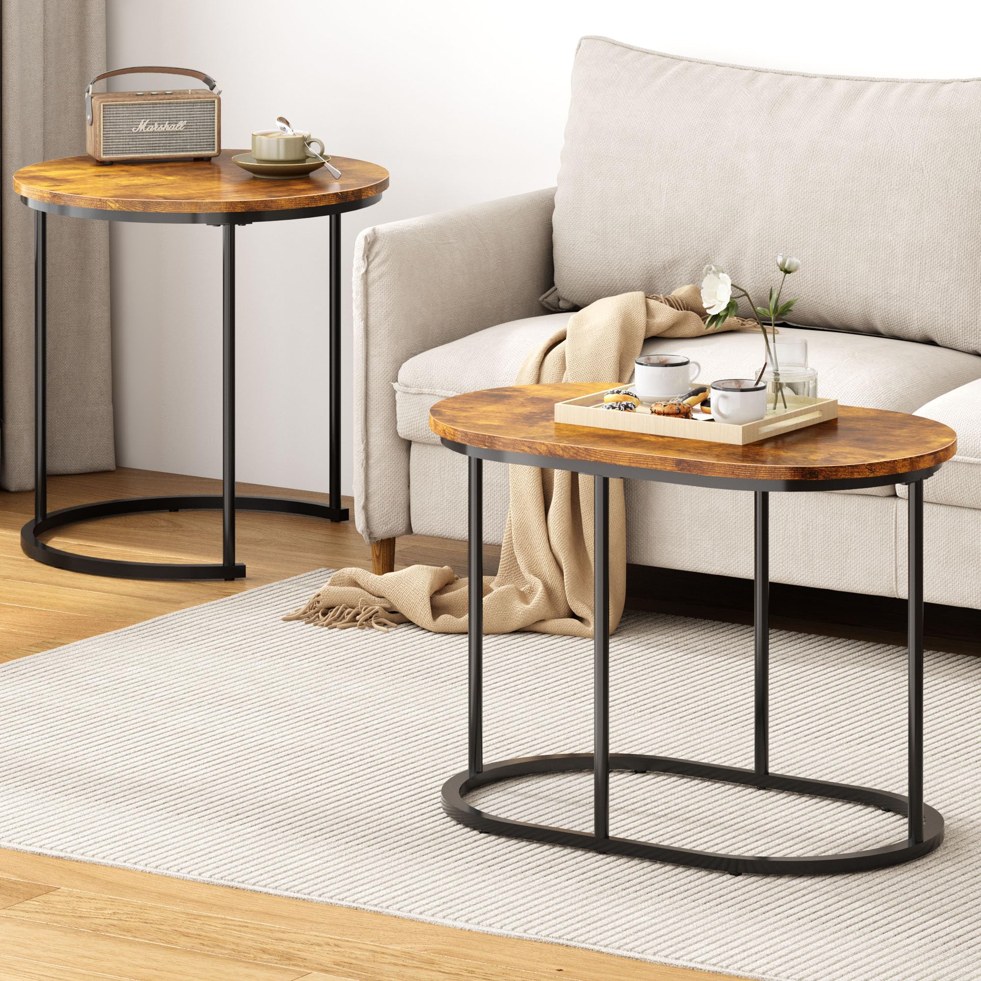 2 Piece Round Side Table Coffee Table Accent Table, Faux Marble Round Nesting Table