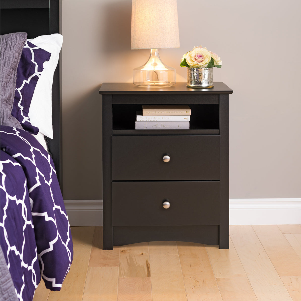 Fremont 2 Drawer Nightstand: Elegant Bedroom Furniture, Bedside Table with Open Shelf