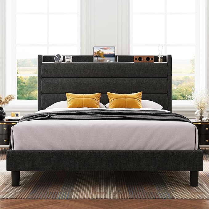 Queen Size Bed Frame, Storage Headboard with Outlets, Sturdy and Stable
