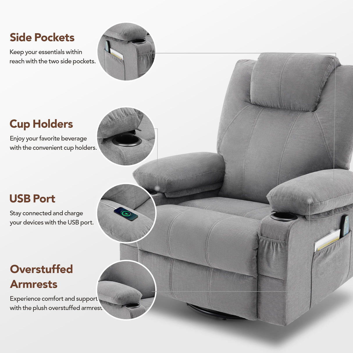 Weture Swivel Rocker Recliner Chair with Heat and Massage, 360° Swivel Rocking Recliner