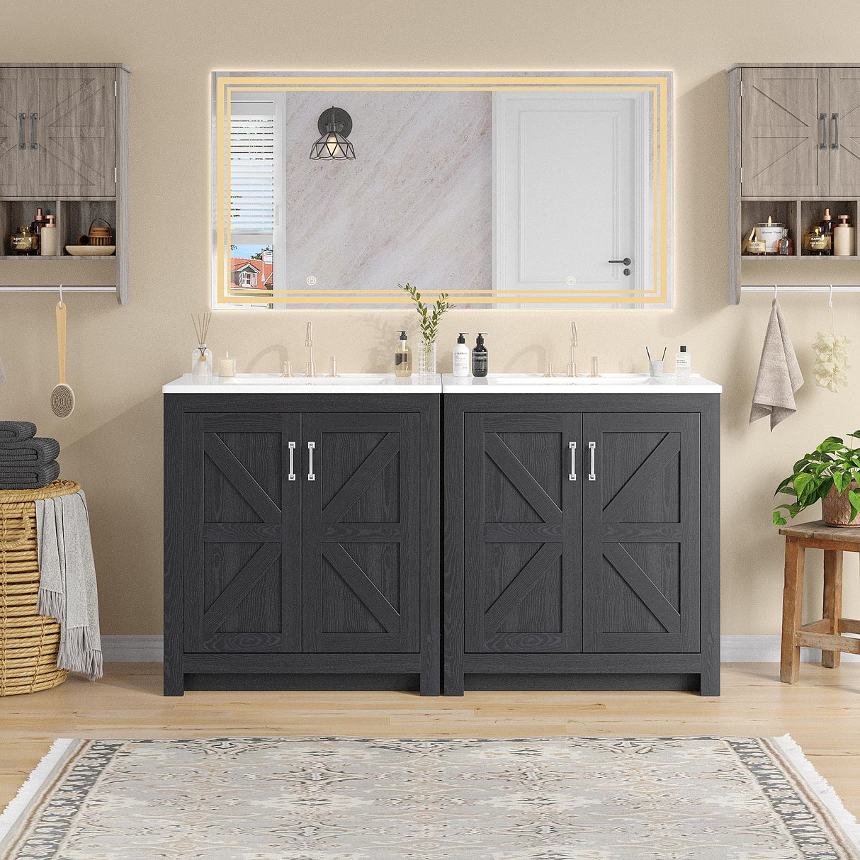 ONBRILL Farmhouse Bathroom Vanity with Sink, Freestanding Bathroom Vanities with Ceramic Basin & Soft-Close Door, Wood Storage Cabinet with Adjustable Shelf for Apartment & Small Space (Black, 30")