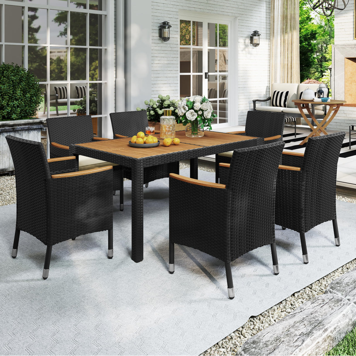 7 Piece Patio Furniture Set, Outdoor Dining Acacia Wood Table Top Rattan Conversation