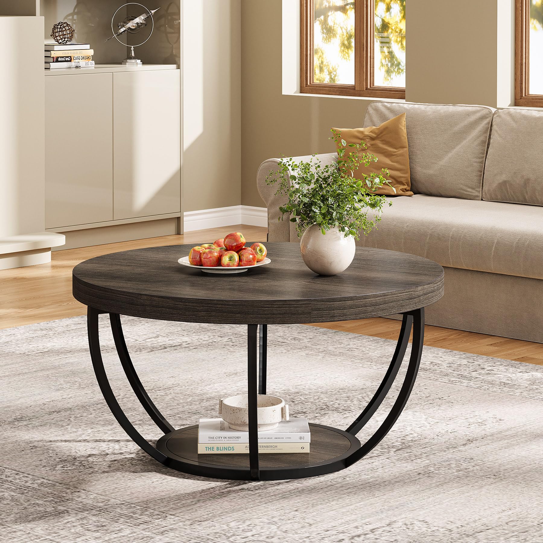 Round Coffee Table, 31.7" Wooden 2-Tier Circle Coffee Table with Storage Shelves